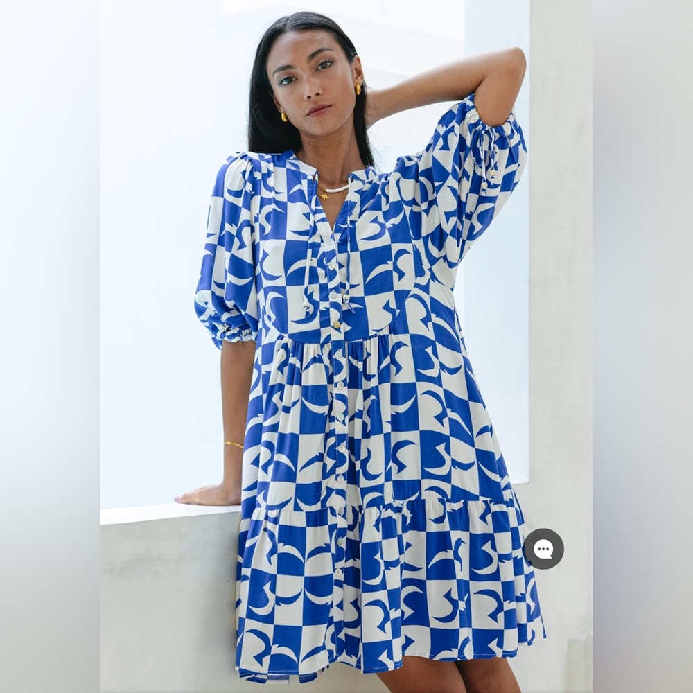 HeyChic Nysa Blue Geo Tile Button Down Mini Dress, NWT US size 12